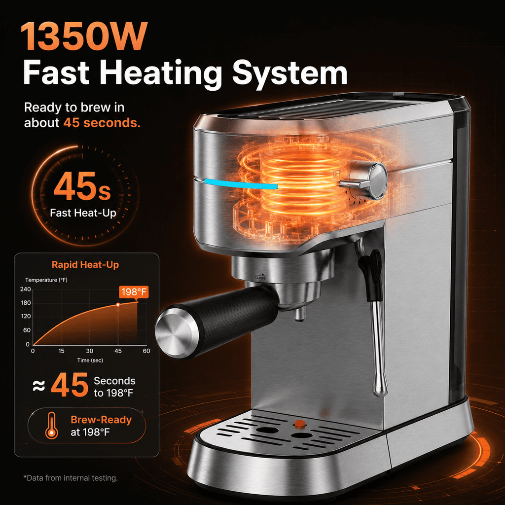 NICWIN Espresso Machine 15 Bar Compact Espresso Maker with Milk Frother Wand, 1350W Fast Heating Stainless Steel Coffee Machine for Espresso, Latte, Cappuccino, 7.3 Inch Wide