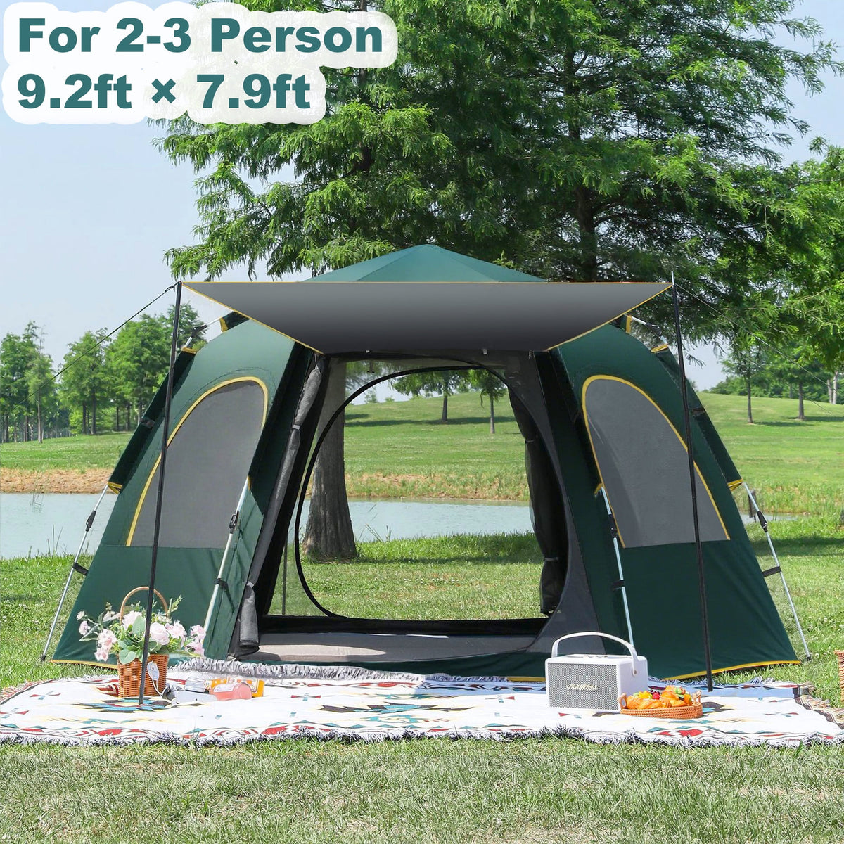 EZBY Tents for Camping,2-3 Person Instant Pop Up Camping Tent with Screen Porch,Removable Rainfly and Carry Bag for Camping Backpacking Hiking-Green