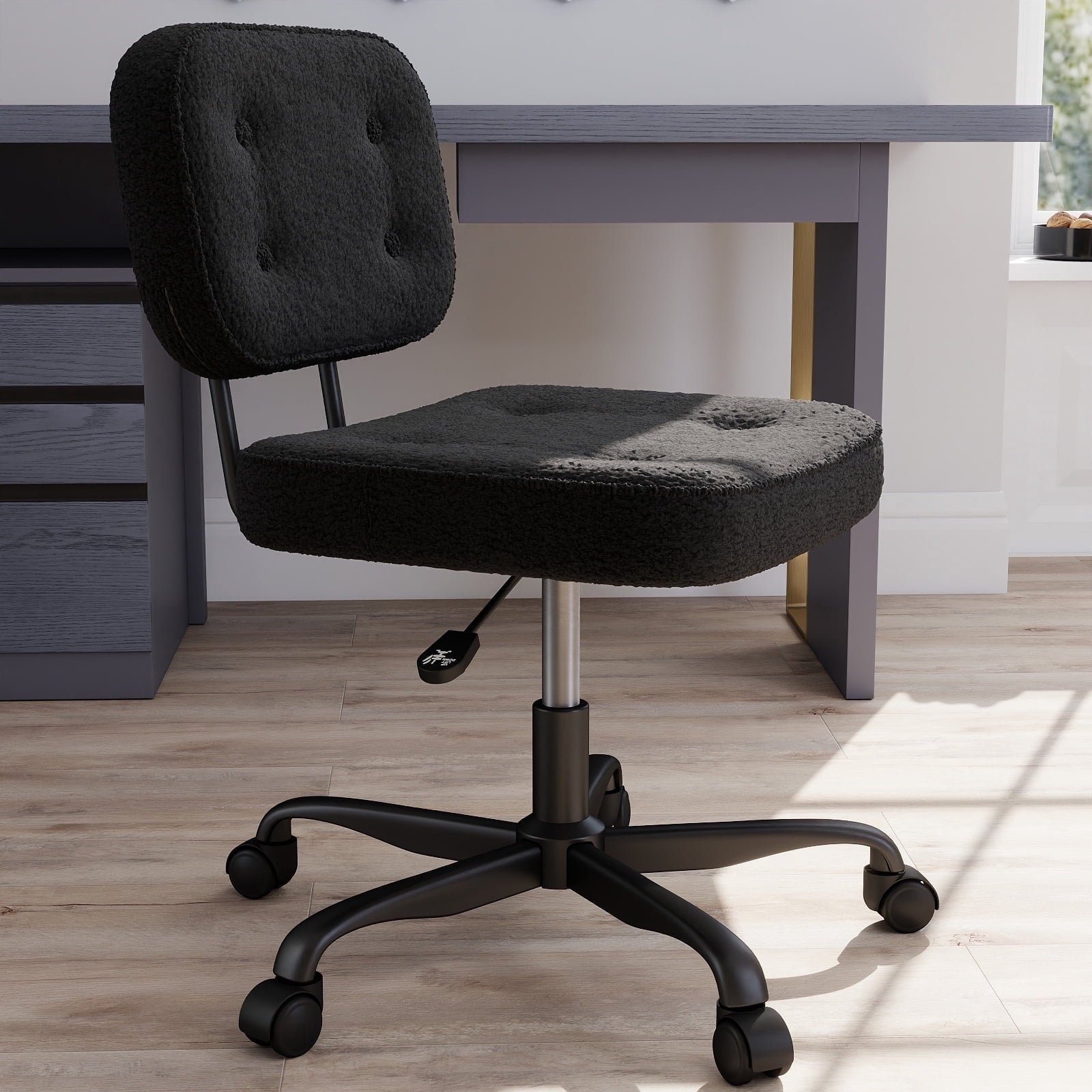 YERAIRR Armless Office Chair with Wide Seat,Teddy Fleece Fabric Home Computer Desk Chair Thickened Cushion Swivel Vanity Chair Black